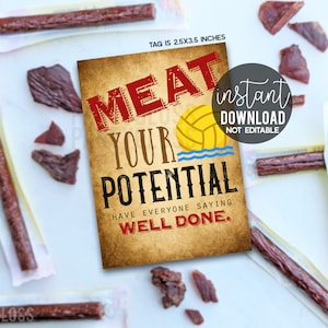 Water Polo Meat Your Potential Printable Gift Tags, Match Day State Regionals Tournament State Competition Slim Healthy Beef Jerky Stick Jim