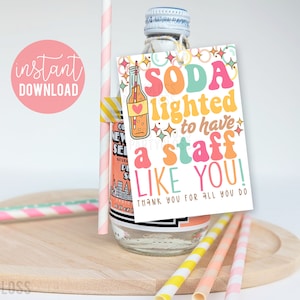 Wydrukowane etykiety z podziękowaniami dla pracowników Soda Pop, personel taki jak Ty Soda Lighted PTA PTO Nauczyciel Trener Stołówka Biuro Współpracownik Pokój socjalny
