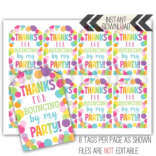 Bounce House Birthday Party Printable Favor Tags, Rainbow Bouncy Trampoline Tag Jump Gift Guest Swag Bag Thanks For Bouncing By My Party