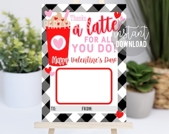 Titular de la tarjeta de regalo imprimible del café del día de San Valentín, titular de la tarjeta de regalo del maestro, ideas de regalos para el personal, regalo del empleado, gracias a una tarjeta de San Valentín con leche