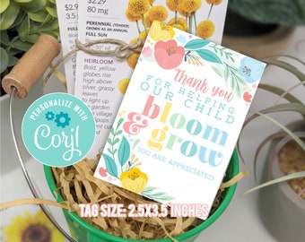 May include: A green bucket filled with brown shredded paper and a colorful thank you card with the text "Thank you for helping our child bloom & grow. You are appreciated!" The card has a floral design with pink, yellow, and blue flowers. The tag size is 2.5x3.5 inches.