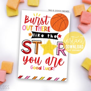 Etiquetas de presente para impressão de estrela de basquete estourando como a estrela Você é boa sorte Competição Grande dia de jogo Lanches Equipe Companheiros de equipe Playoff