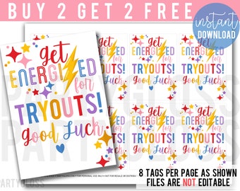 May include: Eight printable tags with a colorful design featuring the text "Get Energized for Tryouts! Good Luck."  The tags are designed for a sports team tryout event.