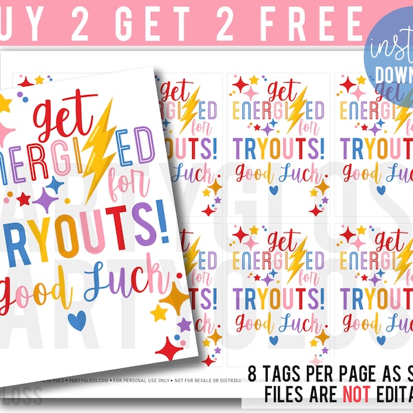 Tryout Good Luck Tags, Team Sports Game Dance Cheer, Energy Drink Treat Tag, Cheerleader Cheerleading Dance Squad, Good Luck, Try Out Day