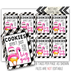 Puede incluir: Etiquetas imprimibles para galletas con una figura de Papá Noel con gafas de sol y un flotador de flamenco. Las etiquetas dicen "COOKIES aren't just for the big guy" sobre un fondo a cuadros blanco y negro. La imagen también incluye el texto "INSTANT DOWNLOAD".