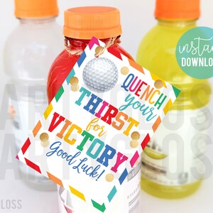 Golf geluk afdrukbare tags, les uw dorst naar overwinning sportdrank golftoernooi uitnodigingsdrankjes voor cursus golfteam