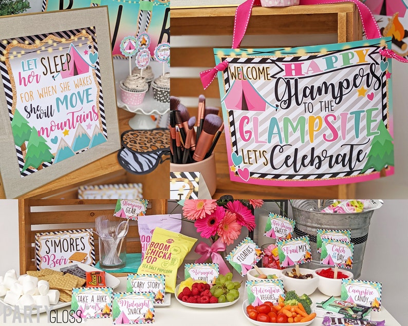 May include: A pink and green welcome sign with the text "Happy Glampers to the Glampsite Let's Celebrate". The sign is decorated with a pink tent, green trees, and gold glitter. There are also several other signs with camping-themed text, such as "S'mores Bar", "Take a Hike", and "Campfire Candy".