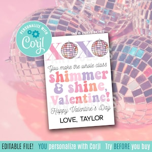 Bearbeitbare Shimmer and Shine Valentinstag druckbare Geschenkanhänger Disco Valentine Howdy Galentines Swift Sie machen die ganze Klasse Shimmer xoxo
