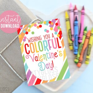 Bunte Regenbogen Valentinstag druckbare Tags, die Ihrem ein buntes Valentinstag wünschen, Klasse Team Friend, Girly Non Food niedliche Buntstifte malen