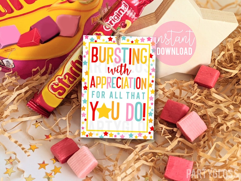 Bursting With Appreciation For All That You Do Printable Gift Tags, Staff Thank You Team Member Employee Teammate Office Volunteer PTA PTO image 1