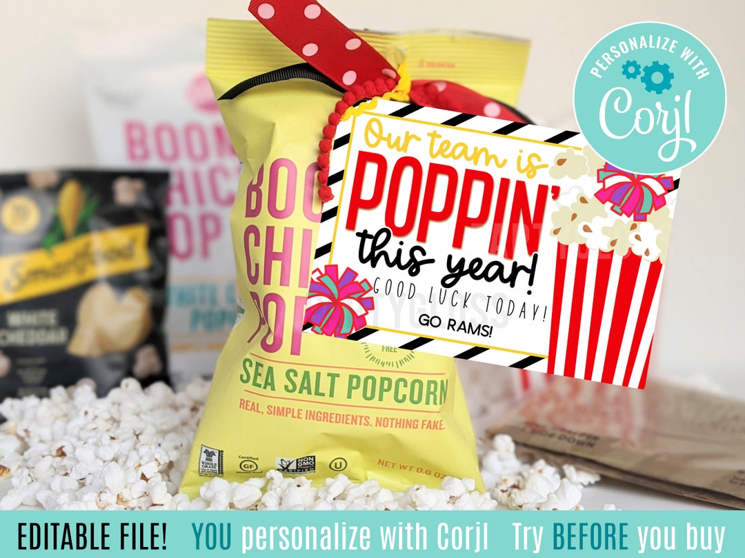 Editable Cheer Appreciation Popcorn Printable Gift Tags, Good Luck