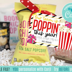 Editable Cheer Appreciation Popcorn Printable Gift Tags, Good Luck Cheerleaders Our Team Is Poppin' Game Camp Tournament State Regionals