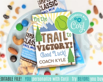 Editable Tennis Trail Mix Printable Gift Tags, On The Trail To Victory Good Luck Team Courtside Snacks Tournament Match Practice Doubles Tag