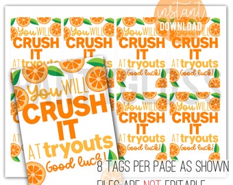 Crush It Tryout Printable Tag | Crush Printable | Orange Good Luck Tag | Soda Pun Tag | Cheer Tryouts | Good Luck Tags | Team Tryouts Tags