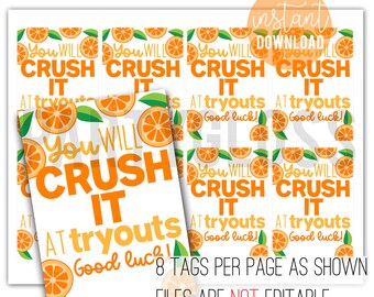 Crush It Tryout Printable Tag | Crush Printable | Orange Viel Glück Anhänger | Soda Wortspiel Anhänger | Cheer Tryouts | Glücksbringer | Team Tryouts Tags