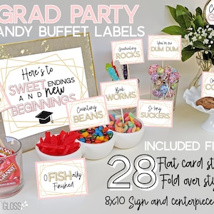 Etiquettes de table de buffet de bonbons de remise des diplômes, bonbons de remise des diplômes, tentes de nourriture, fête des diplômés