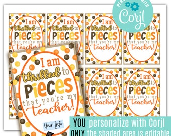 Etiquetas de regalo imprimibles y editables para agradecimiento a los maestros, etiqueta de regalo para maestros, Thrilled To Pieces Tutor Thank You First Day School PTA PTSA PTO
