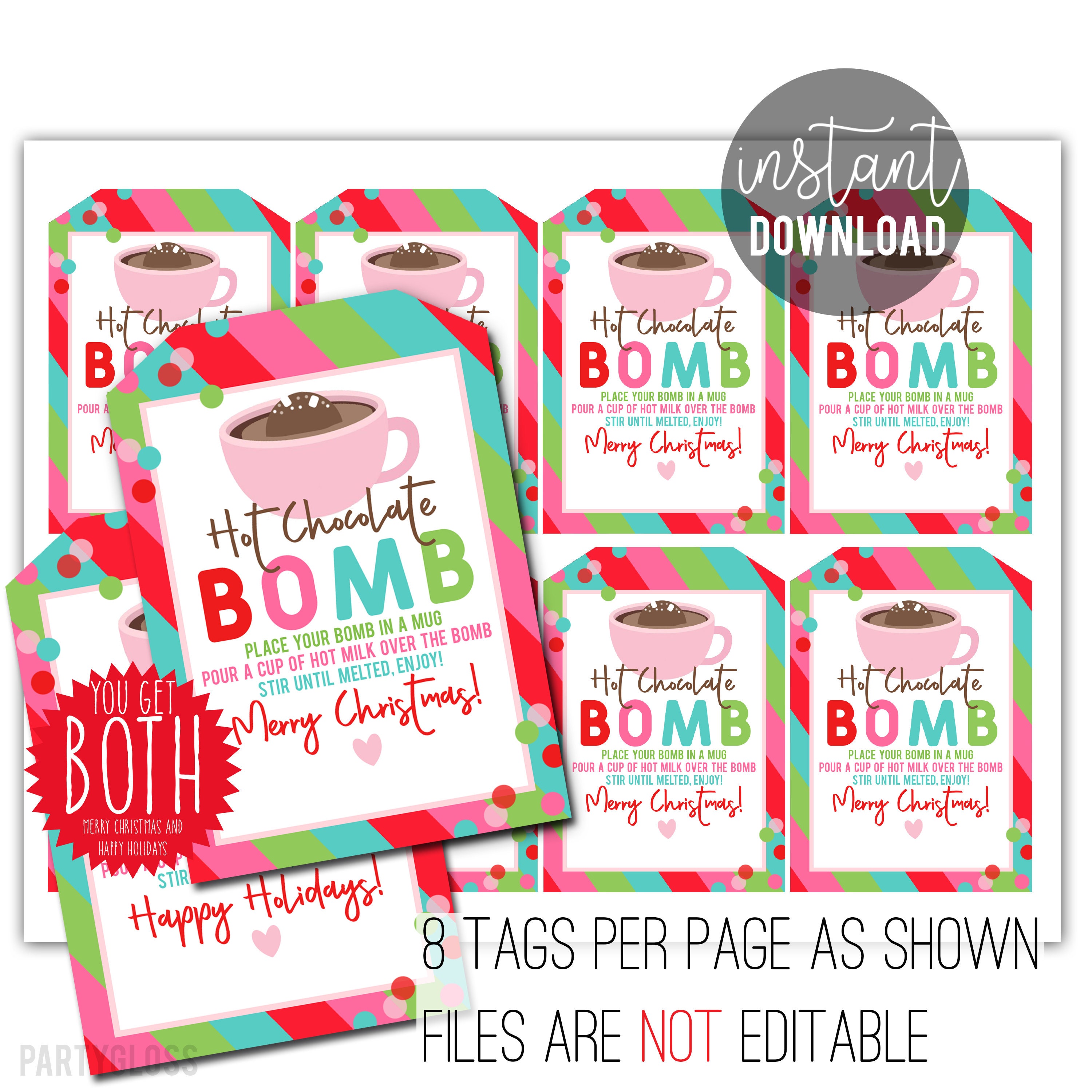 Hot Chocolate Bomb Printable Tag | Hot Cocoa Bomb Tag | Christmas Bomb | Chocolate Bomb Tag | Modern Colorful Tag | Easy Christmas Gift Tag