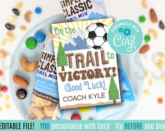 Editable Soccer Trail Mix Printable Gift Tags, On The Trail To Victory Good Luck Team Match Practice Conditioning Playoffs Game Snacks Tag