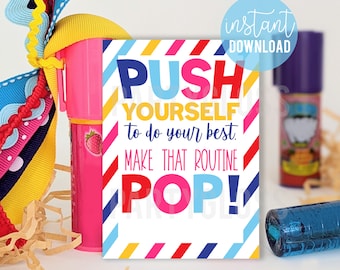 Push Yourself Make That Routine Pop Printable Gift Tags, Cheer Good Luck Tag Push Candy Pun Dance Routine Competition Day Meet Funny Treat