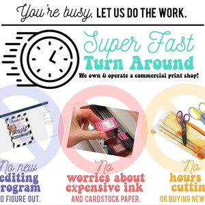 May include: A graphic with a clock and text that reads "You're busy, LET US DO THE WORK. Super Fast Turn Around. We own & operate a commercial print shop!"  Three circles with red, pink, and yellow backgrounds each contain a graphic and text. The first circle shows a computer screen with a design on it and the text "No new editing program to figure out.". The second circle shows a hand holding a printer cartridge and the text "No worries about expensive ink and cardstock paper.". The third circle shows a cutting mat, scissors, and a ruler with the text "No hours of cutting or buying new tools."