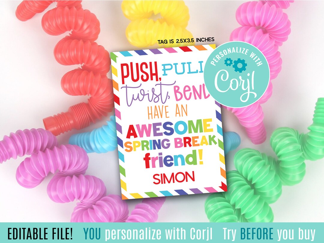 Editable Fidget Sensory Spring Break Printable Gift Tags, Non Food Push ...