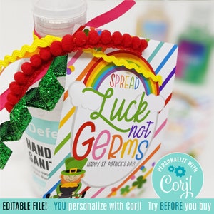 Tag stampabili modificabili per il giorno di San Patrizio, tag Spread Luck Not Germs, disinfettante per le mani, regalo, forniture per l'aula PTA PTO Personale scolastico Facoltà