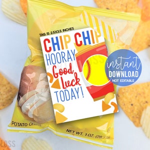 May include: A printable gift tag with a yellow, red, and blue design. The tag features a baseball and the text "Chip Chip Hooray Good Luck Today!" The tag is 2.5 x 3.5 inches.
