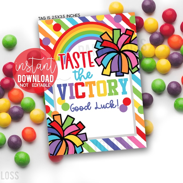 Cheer Taste The Victory Printable Gift Tags, Good Luck Big Game Day Meet Jamboree Cheer Camp Squad Rainbow Candy Teammate Team Treats Match