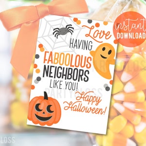 Buurman waardering Halloween afdrukbare cadeaukaartjes, traktaties voor buren Candy Tag Faboolous vrienden buurman familie vriend