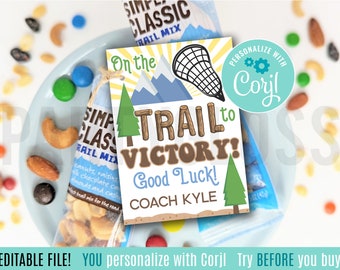 Editable Lacrosse Trail Mix Printable Gift Tags, On The Trail To Victory Good Luck Team Practice Conditioning Playoff Game Match Snacks Tag