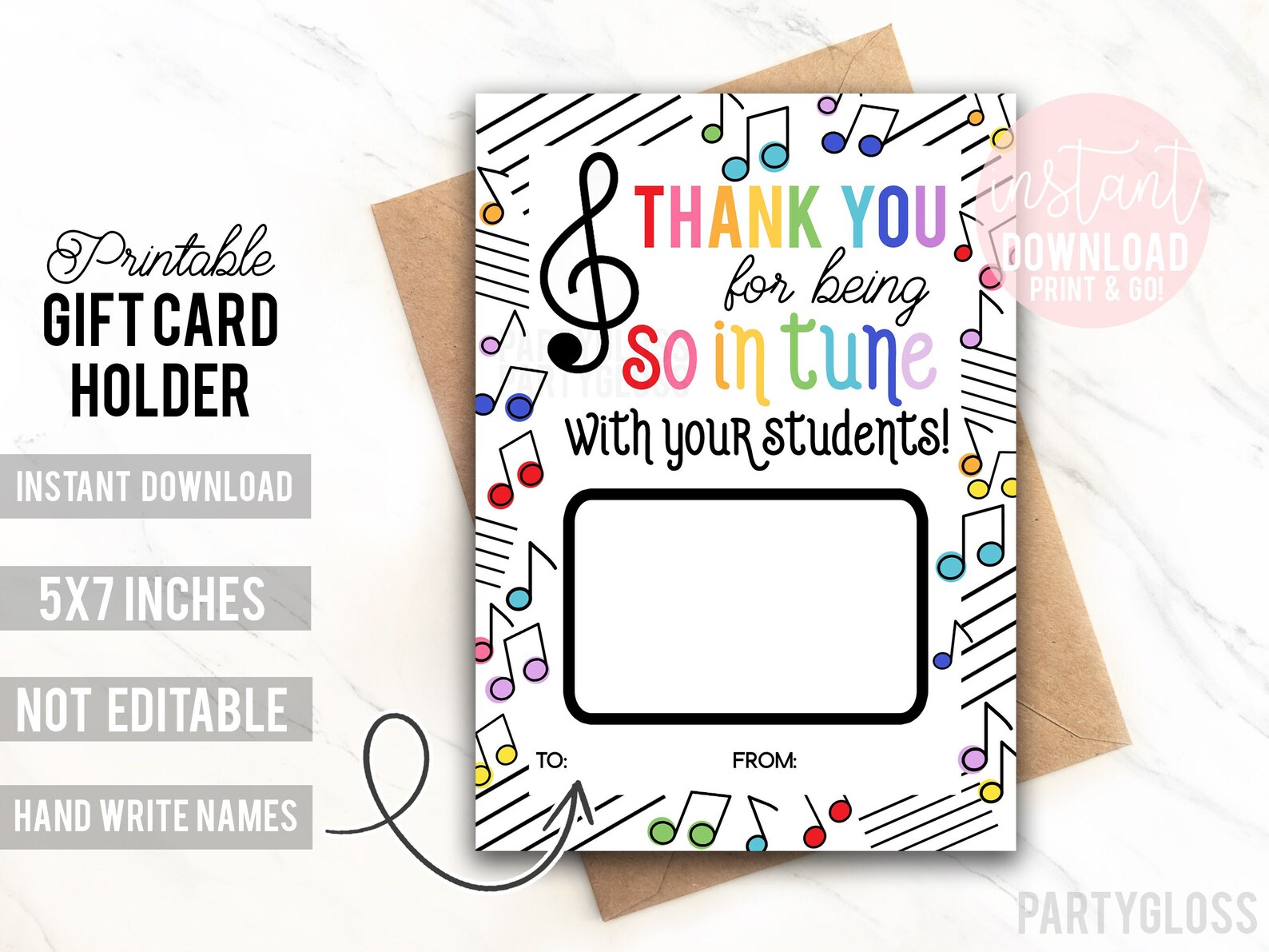 Music Teacher Appreciation Printable Gift Card Holder Thank You for ...