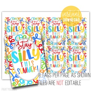 Puede incluir: Ocho etiquetas imprimibles con fondo blanco y remolinos coloridos. Cada etiqueta presenta un óvalo blanco con el texto "Stay Silly This Summer!" en letras de colores.