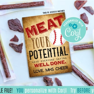 Editable Baseball Meat Your Potential Printable Gift Tags, Tournament Big Game Day Team Snacks Teammates Little League Beef Jerky Meat Stick