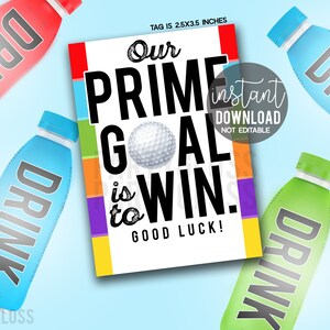Golf Il nostro obiettivo principale è vincere Etichette regalo stampabili Invito al torneo di buona fortuna Partita scolastica Snack Dolcetti di squadra Etichetta per bevande energetiche