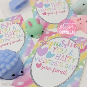 Squishy Toy Valentine's Day Printable Gift Tags Squisin' You Pastel Rainbow Valentine Easy Squishie Toy Class Friends Team Students Non Food