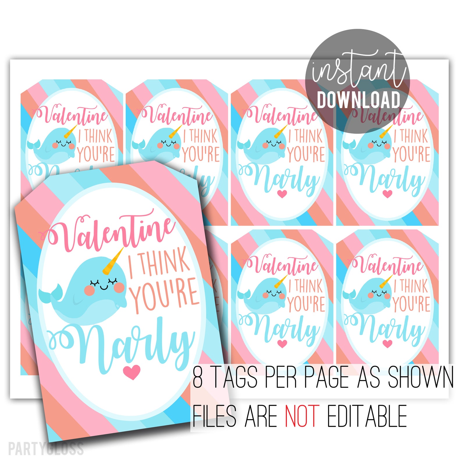 Valentine's Day Printable Tags Narwhal Valentine Narly Whale Class Team ...