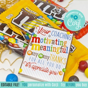 Étiquettes cadeaux imprimables modifiables d'appréciation du coach, étiquette de bonbon MM Votre coaching est motivant et important Merci pour tout ce que vous faites Gâteries pour coachs