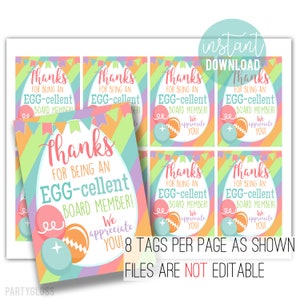 Puede incluir: Ocho etiquetas de regalo de Pascua imprimibles con un fondo a rayas de colores y huevos azules y naranjas pastel. El texto en las etiquetas dice "¡Gracias por ser un miembro del consejo EGG-cellent! ¡Te apreciamos!"