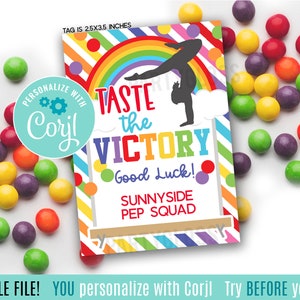 Gimnasia editable Prueba la victoria Etiquetas de regalo imprimibles Buena suerte gimnasta Equipo de gimnasia Práctica Meet Match Camp Treats Rainbow Candy