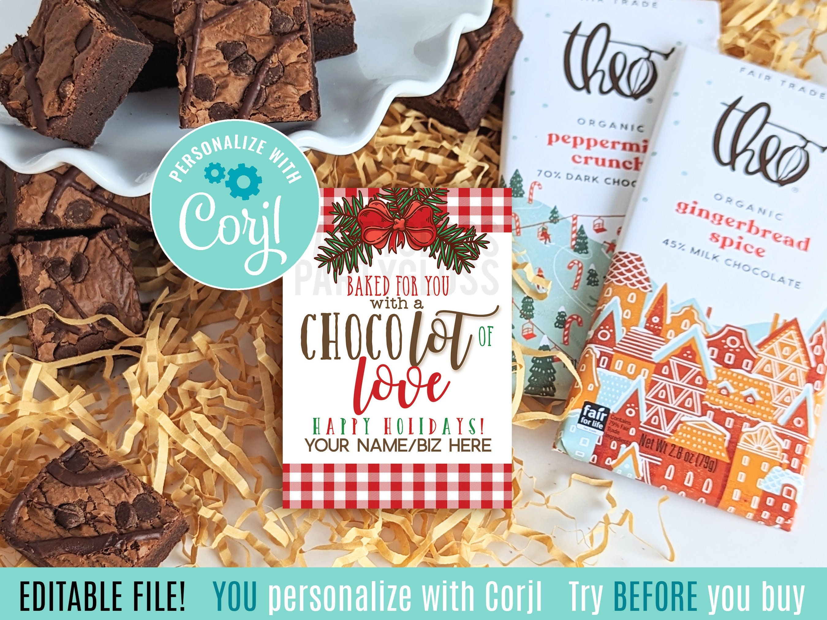 Editable Christmas Baked For You With a Chocolate of Love Happy Holidays Appreciation Printable Tag | Chocolate Treat Gift Tags Corjl