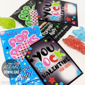 Étiquettes cadeaux imprimables pour la Saint-Valentin Popping Candy, Pop Valentines Rocks You Rock Valentine Class Team Friend Neighbor Teammate Classmate