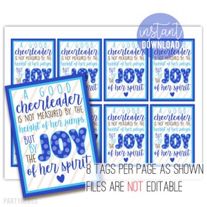 チアリーダーの印刷可能なギフトタグ、Joy Cheer キャンディタグ、競技試合日のおやつ、チーム チームのおやつ、トーナメント、ビッグ ゲーム、チームメイト チア キャンプ