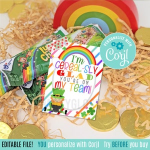 Editable Team Appreciation St. Patrick&#39;s Day Printable Tags, Staff Employee Cerealsly Glad You&#39;re On My Team Office Coworker Coach Teammate