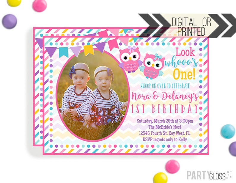 Owl Twins Birthday Invitation Digital or Printed Owl Party Owl Invite Twin Girl Invitation Twins Owl Invitation Owl Themed Party image 1