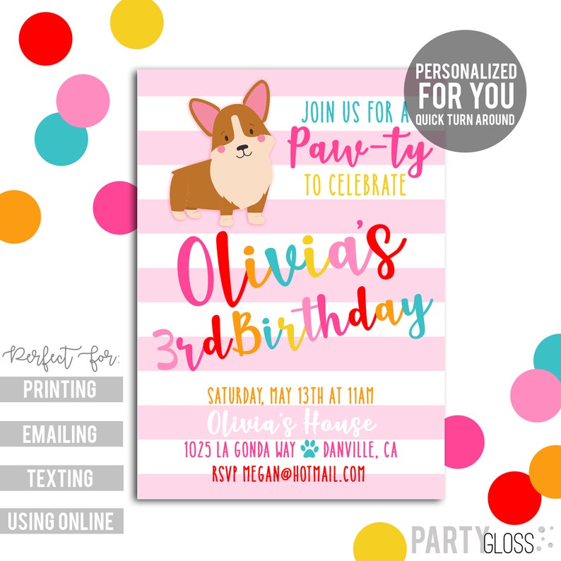 Corgi Birthday Invitation Corgi Printable Puppy Pawty Printables Corgi Birthday Party Corgi Dog Invitation Corgi Puppy Dog