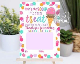 Titular de la tarjeta de regalo imprimible de agradecimiento al maestro / Titular de la tarjeta de regalo de helado / Ideas de regalos para maestros / Regalo fácil para maestros / Maestro de tarjetas de regalo