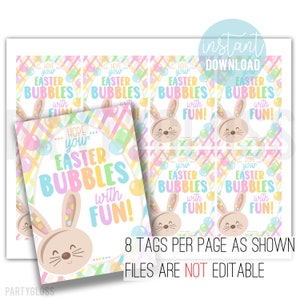 Bunny Bubbles Afdrukbare Tags Happy Easter Tag Hoop dat je paasbubbels met plezier bubbels blazen Cadeaulabel Klasse Team Kinderdagverblijf Buren Bus