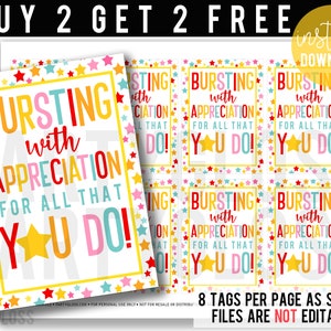 Bursting With Appreciation For All That You Do Printable Gift Tags, Staff Thank You Team Member Employee Teammate Office Volunteer PTA PTO image 2