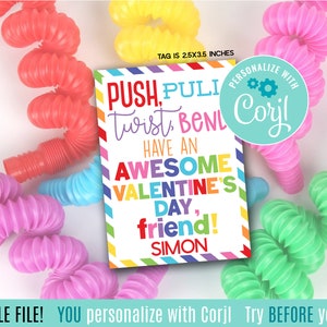 Bearbeitbare Zappeln sensorische Valentinstag druckbare Geschenkanhänger, Non Food Push Pull Twist Bend Valentines Friend Class Pop Tube Spielzeug Klassenkameraden